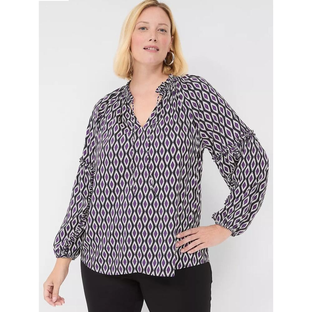 Women Lane Bryant Black Geometric Print Blouse Top 2X Classic Career Modern NEW